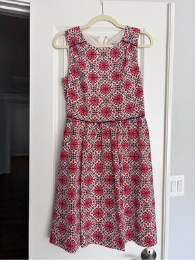 J. Crew Pink Floral Fit-and-Flare Dress with Black Piping